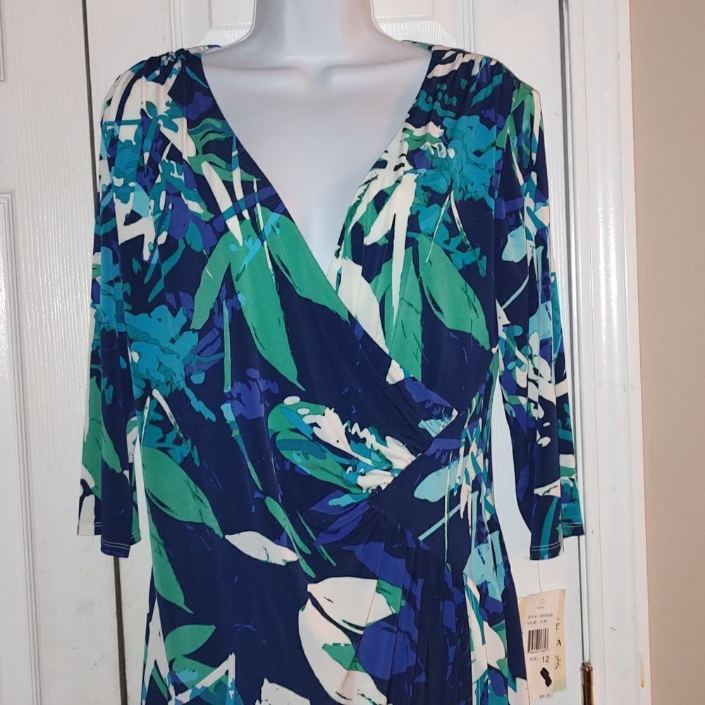 Sangria blue green white faux wrap dress Sz 12 NWT - Picture 3 of 7